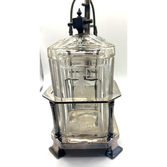 2 Antique Glass Condiment Set Meriden B Company Stand Pickle tongs‎ Castor - Picture 4 of 16